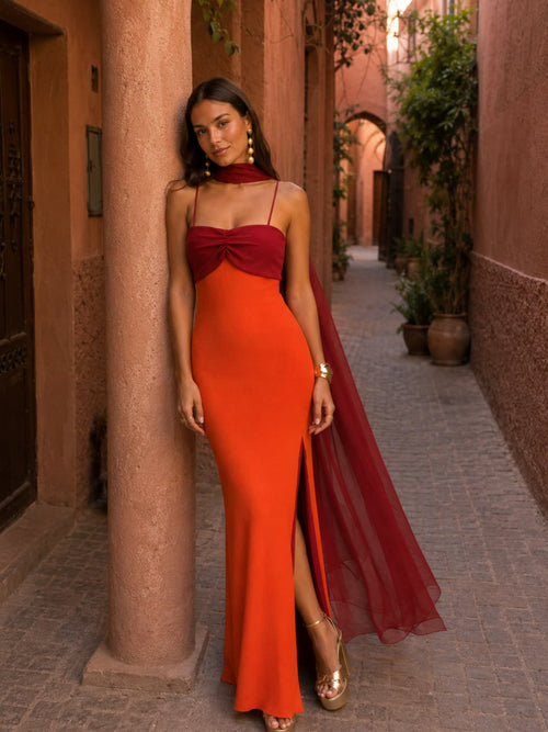 Vestido Largo Drapeado Bicolor