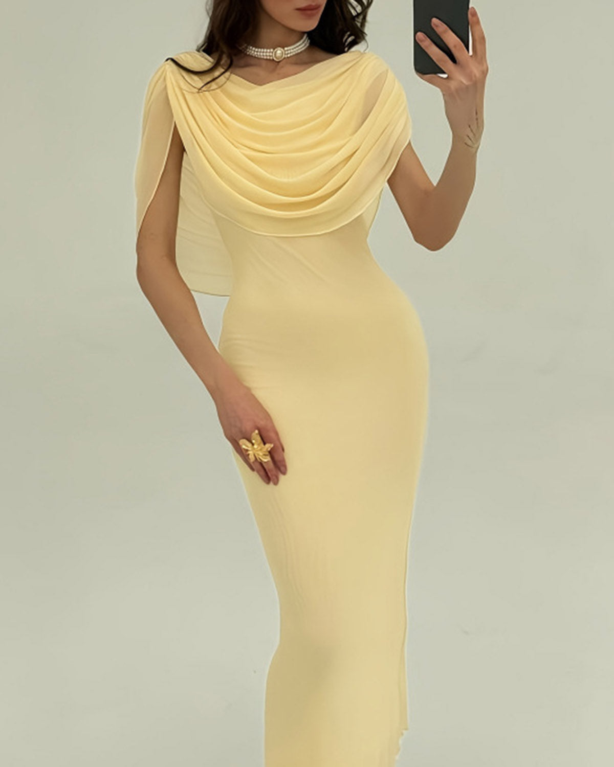 Vestido Largo Amarillo Cuello Drapeado Sin Mangas