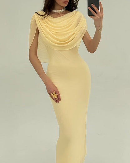 Vestido Largo Amarillo Cuello Drapeado Sin Mangas