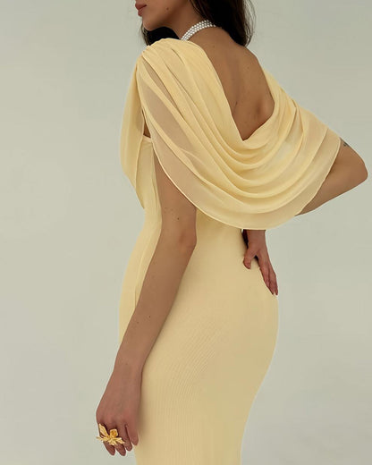 Vestido Largo Amarillo Cuello Drapeado Sin Mangas