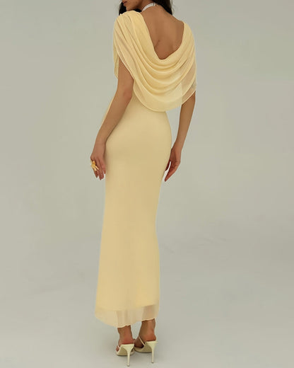 Vestido Largo Amarillo Cuello Drapeado Sin Mangas