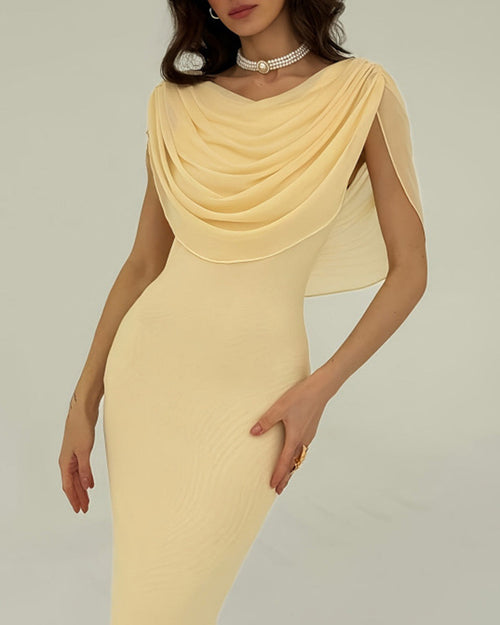 Vestido Largo Amarillo Cuello Drapeado Sin Mangas