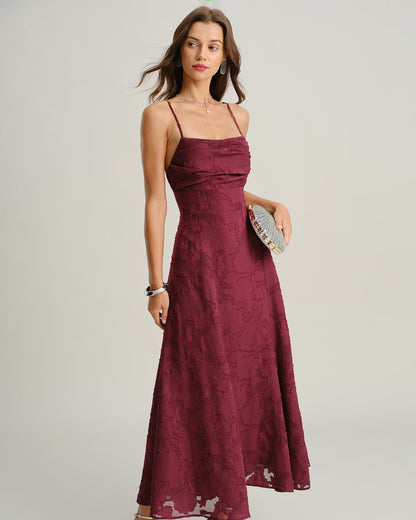 Vestido Largo de Tirantes Burdeos Jacquard