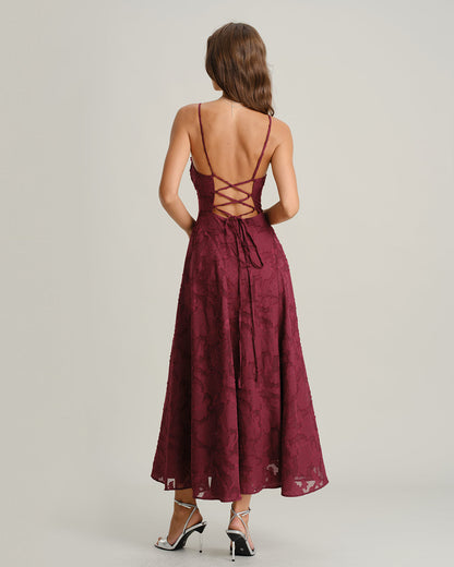 Vestido Largo de Tirantes Burdeos Jacquard