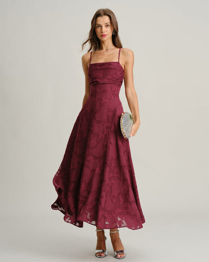 Vestido Largo de Tirantes Burdeos Jacquard