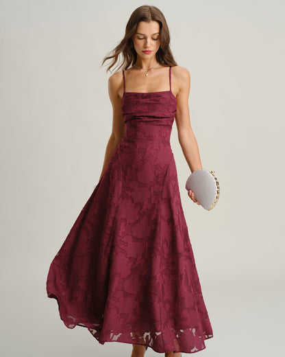 Vestido Largo de Tirantes Burdeos Jacquard